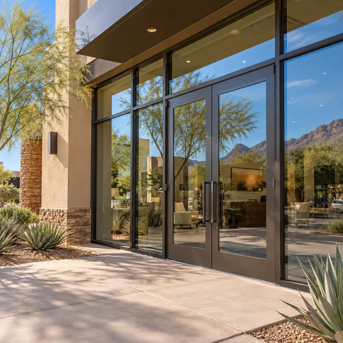 A commercial office entrance with floor-to-ceiling windows and glass double doors
