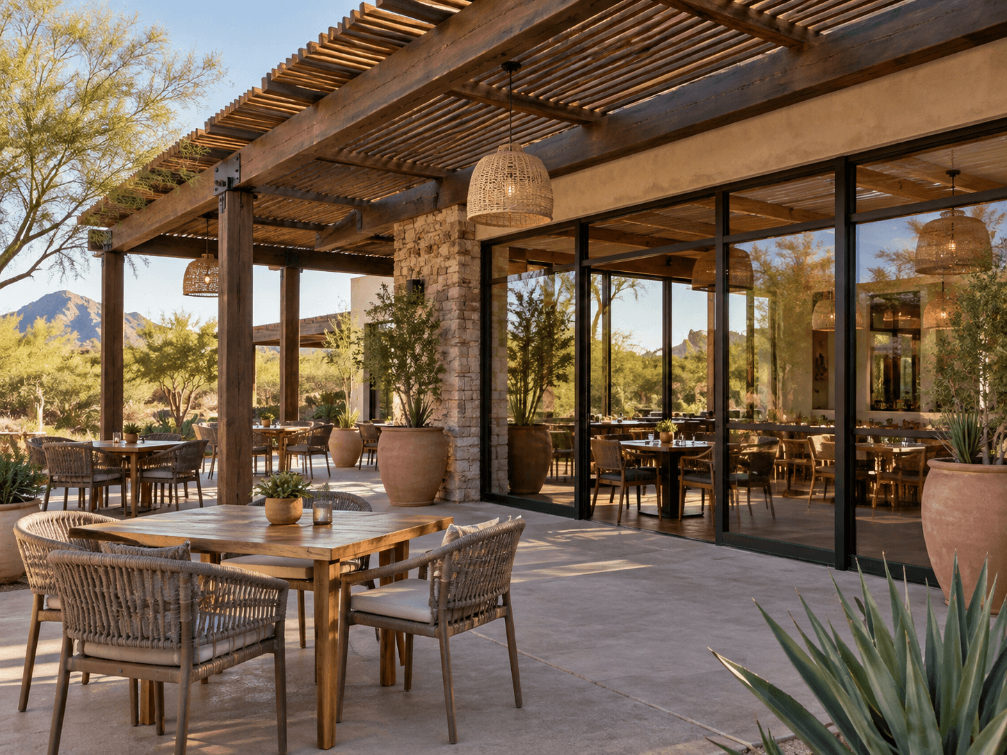 Scottsdale restaurant patio with floor-to-ceiling windows.