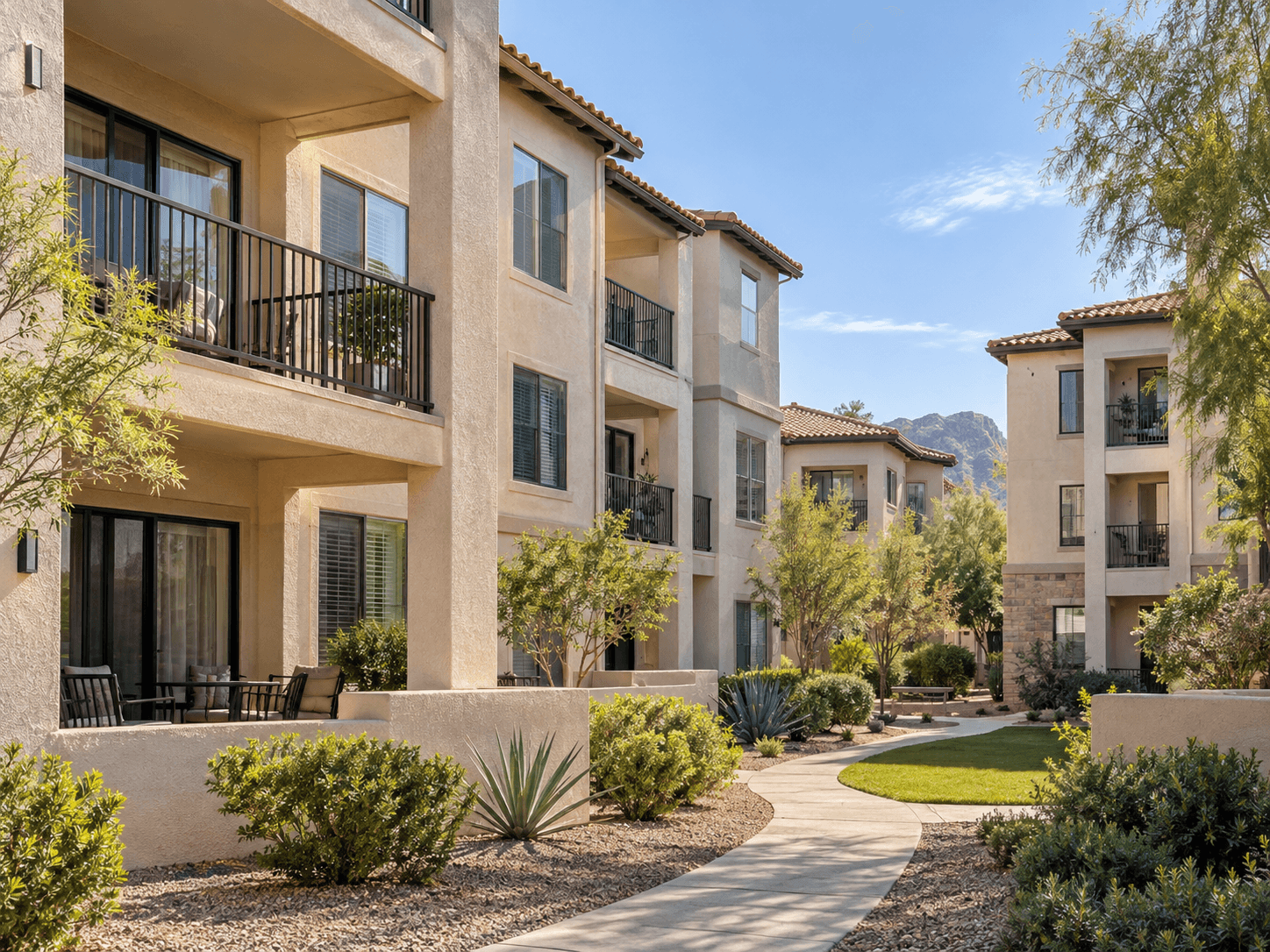 Multifamily apartment community with balconies and exterior windows.